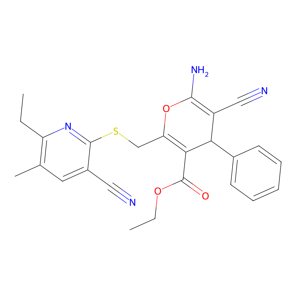ethyl 6-amino-5-cyano-2-{[(3-cyano-6-ethyl-5-methylpyridin-2-yl)sulfanyl]methyl}-4-phenyl-4H-pyran-3-carboxylate molecular structure, CAS 296798-03-3