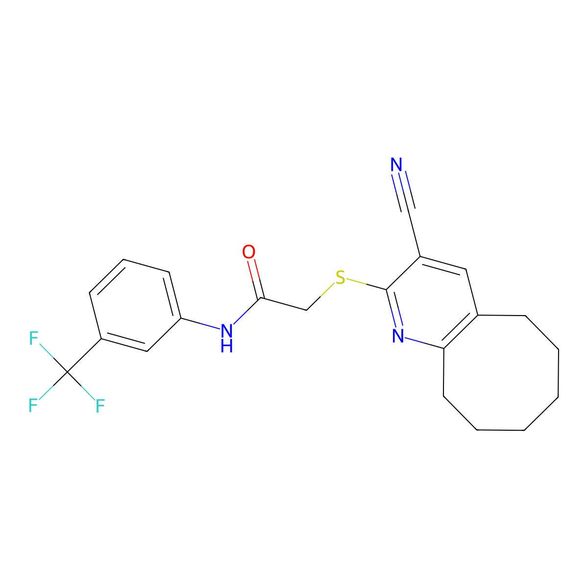 2-[(3-cyano-5,6,7,8,9,10-hexahydrocycloocta[b]pyridin-2-yl)sulfanyl]-N-[3-(trifluoromethyl)phenyl]acetamide molecular structure, CAS 296798-05-5