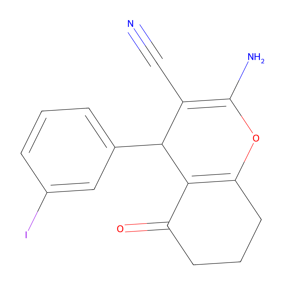 2-amino-4-(3-iodophenyl)-5-oxo-5,6,7,8-tetrahydro-4H-chromene-3-carbonitrile molecular structure, CAS 296798-10-2