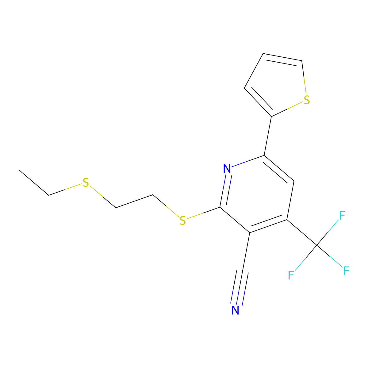 2-(2-Ethylsulfanylethylsulfanyl)-6-thiophen-2-yl-4-(trifluoromethyl)pyridine-3-carbonitrile molecular structure, CAS 296798-71-5