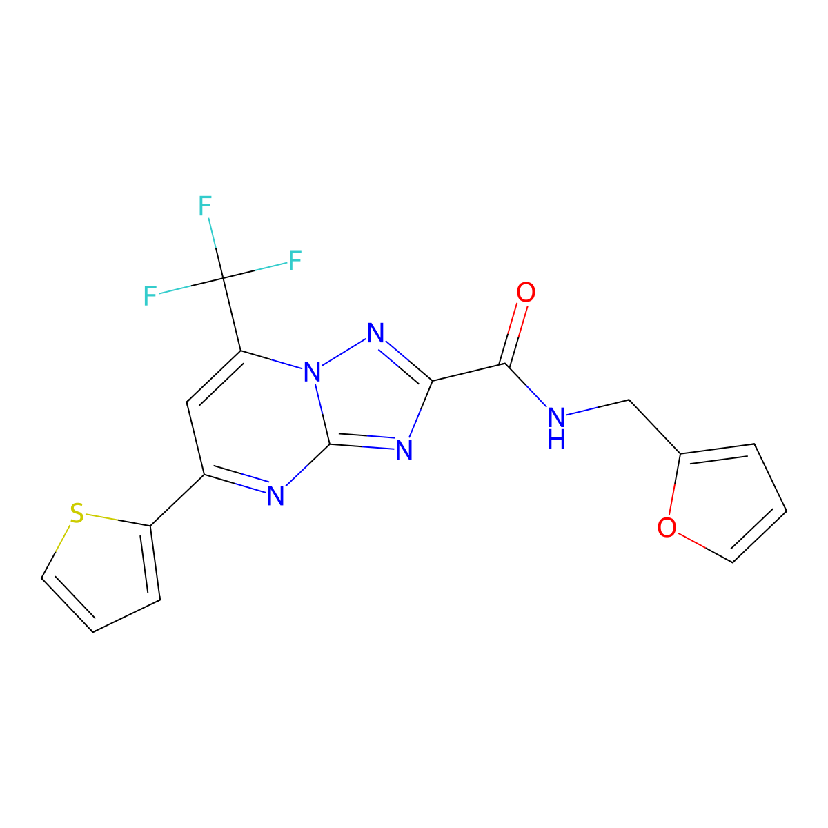 5-Thiophen-2-yl-7-trifluoromethyl-[1,2,4]triazolo[1,5-a]pyrimidine-2-carboxylic acid (furan-2-ylmethyl)-amide molecular structure, CAS 296800-01-6