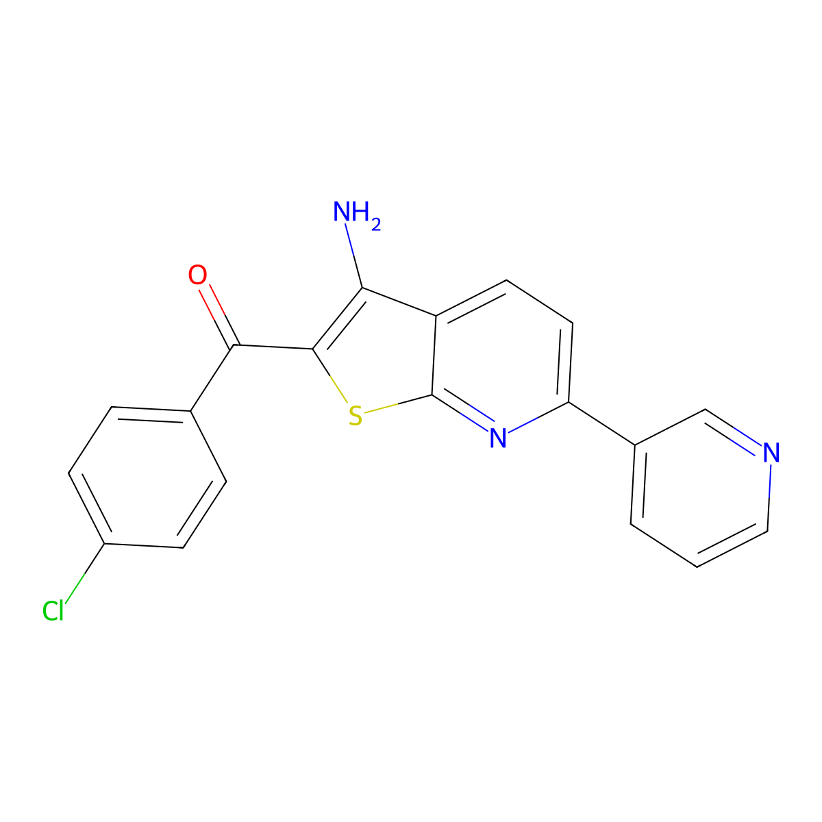 (3-Amino-6-pyridin-3-ylthieno[2,3-b]pyridin-2-yl)-(4-chlorophenyl)methanone molecular structure, CAS 296800-11-8