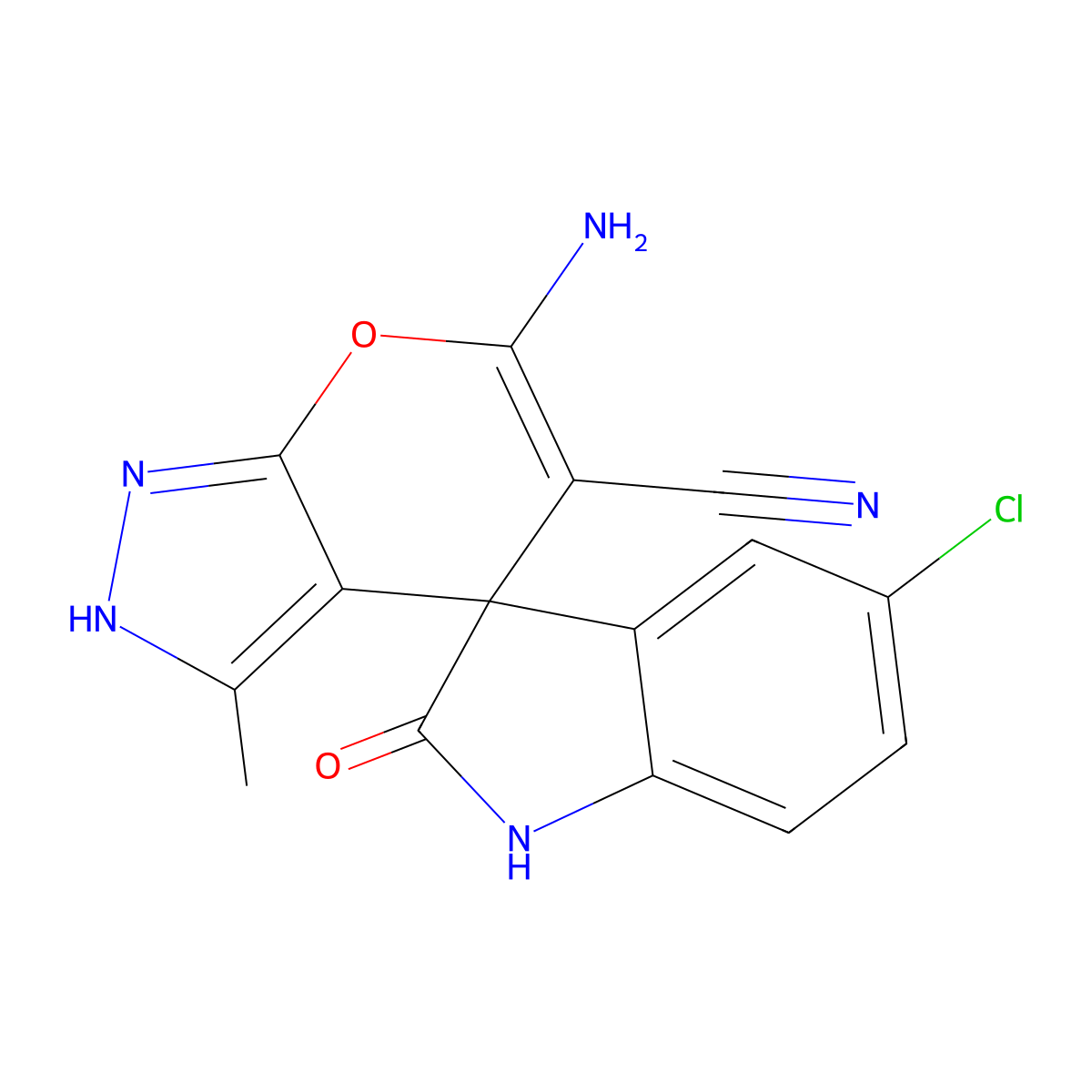 6'-amino-5-chloro-3'-methyl-2-oxospiro[1H-indole-3,4'-2H-pyrano[2,3-c]pyrazole]-5'-carbonitrile molecular structure, CAS 296800-64-1