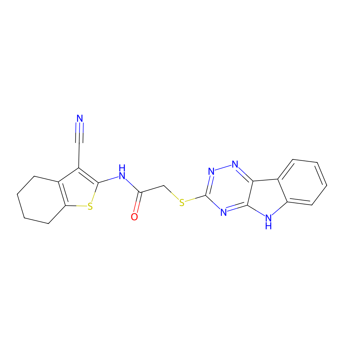 N-(3-cyano-4,5,6,7-tetrahydro-1-benzothiophen-2-yl)-2-(5H-[1,2,4]triazino[5,6-b]indol-3-ylsulfanyl)acetamide molecular structure, CAS 296800-70-9
