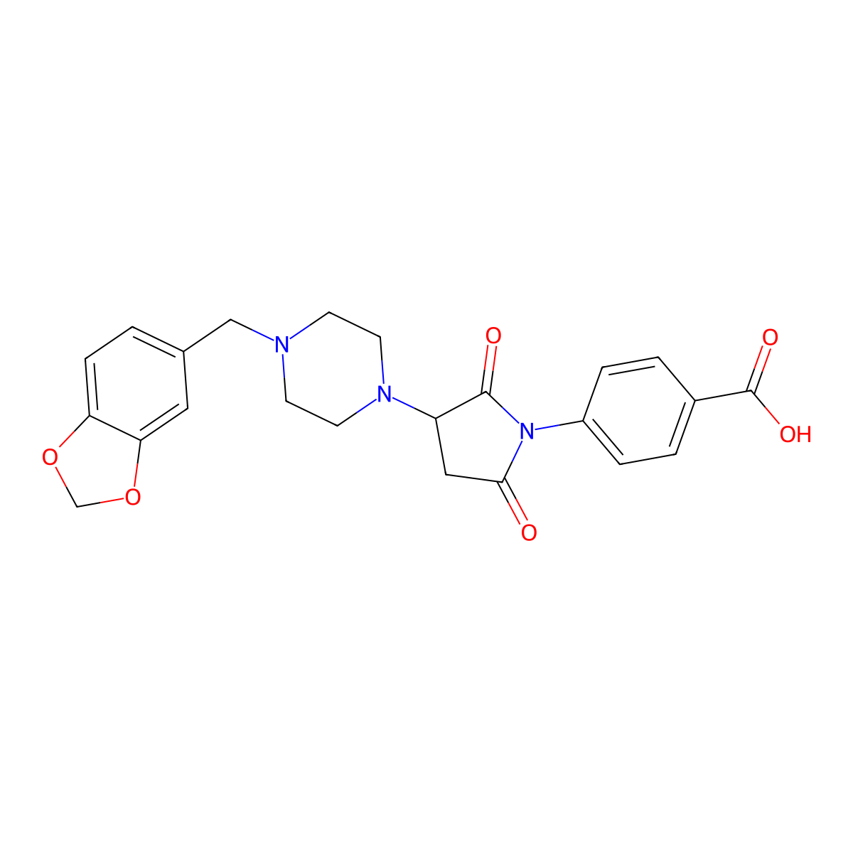 4-{3-[4-(1,3-Benzodioxol-5-ylmethyl)piperazin-1-yl]-2,5-dioxopyrrolidin-1-yl}benzoic acid molecular structure, CAS 296800-80-1