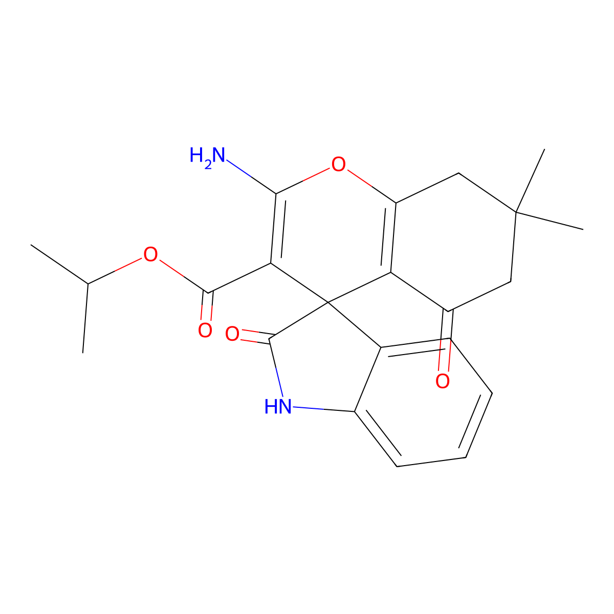 Propan-2-yl 2-amino-7,7-dimethyl-2',5-dioxo-1',2',5,6,7,8-hexahydrospiro[chromene-4,3'-indole]-3-carboxylate molecular structure, CAS 296879-51-1