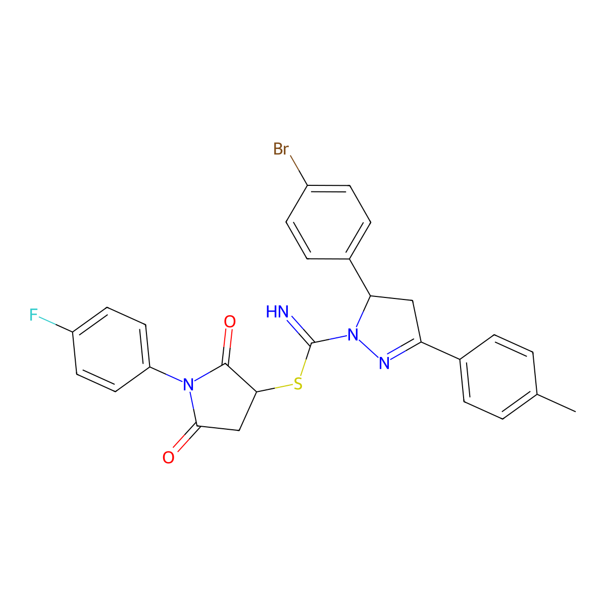 1-(4-fluorophenyl)-2,5-dioxopyrrolidin-3-yl 5-(4-bromophenyl)-3-(4-methylphenyl)-4,5-dihydro-1H-pyrazole-1-carbimidothioate molecular structure, CAS 296880-30-3