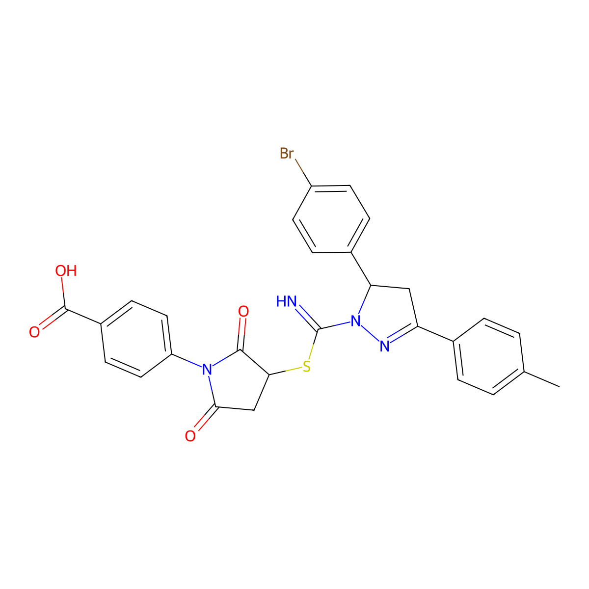 4-(3-{[[5-(4-Bromophenyl)-3-(4-methylphenyl)-4,5-dihydro-1H-pyrazol-1-YL](imino)methyl]sulfanyl}-2,5-dioxo-1-pyrrolidinyl)benzoic acid molecular structure, CAS 296880-36-9
