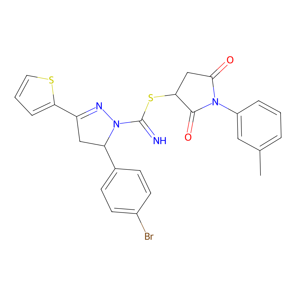 1-(3-methylphenyl)-2,5-dioxopyrrolidin-3-yl 5-(4-bromophenyl)-3-(thiophen-2-yl)-4,5-dihydro-1H-pyrazole-1-carbimidothioate molecular structure, CAS 296883-84-6