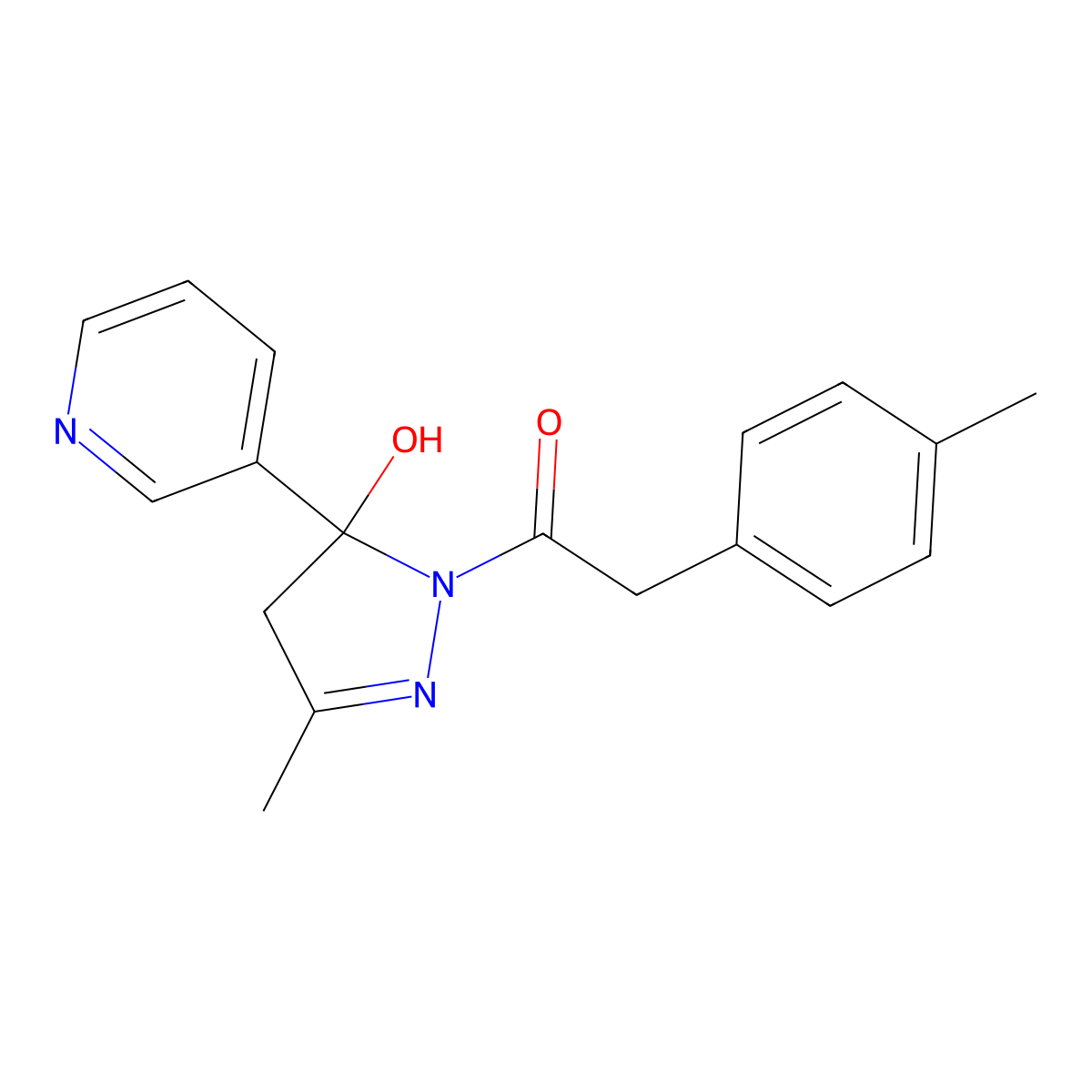 3-methyl-1-[(4-methylphenyl)acetyl]-5-(3-pyridinyl)-4,5-dihydro-1H-pyrazol-5-ol molecular structure, CAS 296887-91-7