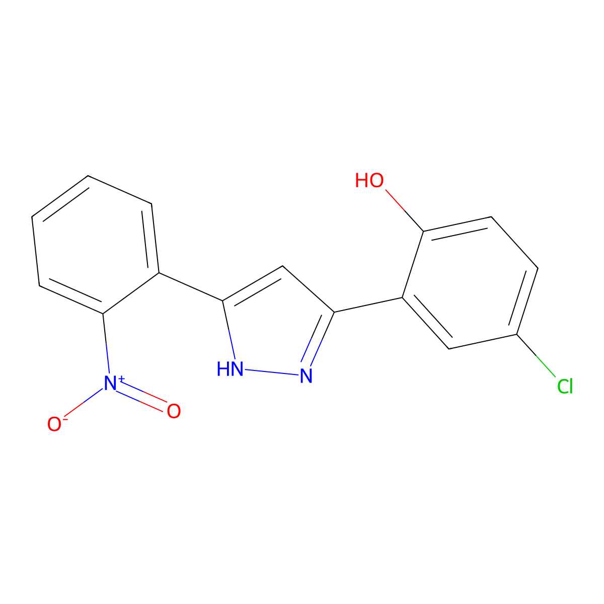 4-chloro-2-(5-(2-nitrophenyl)-1H-pyrazol-3-yl)phenol molecular structure, CAS 296888-40-9