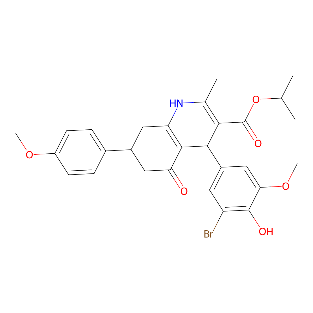 Propan-2-yl 4-(3-bromo-4-hydroxy-5-methoxyphenyl)-7-(4-methoxyphenyl)-2-methyl-5-oxo-1,4,5,6,7,8-hexahydroquinoline-3-carboxylate molecular structure, CAS 296889-69-5