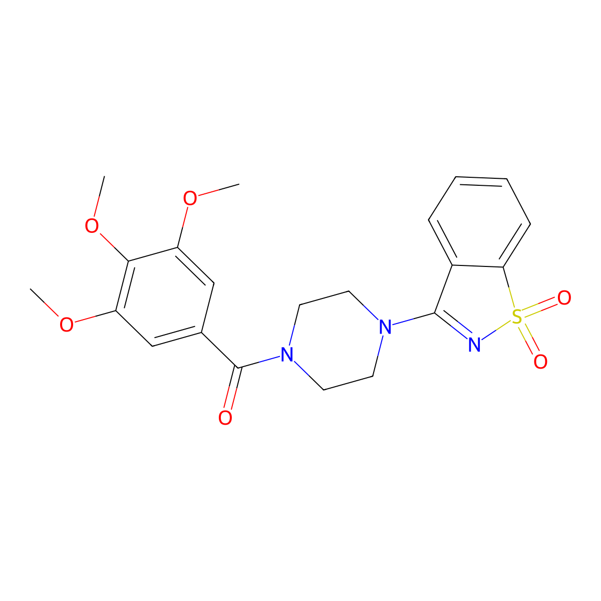 [4-(1,1-Dioxo-1,2-benzothiazol-3-yl)piperazin-1-yl]-(3,4,5-trimethoxyphenyl)methanone molecular structure, CAS 296890-17-0