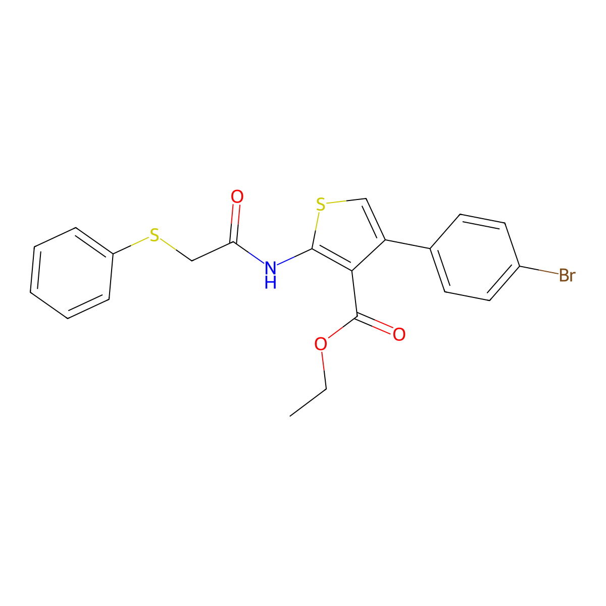 Ethyl 4-(4-bromophenyl)-2-{[(phenylsulfanyl)acetyl]amino}-3-thiophenecarboxylate molecular structure, CAS 296890-39-6