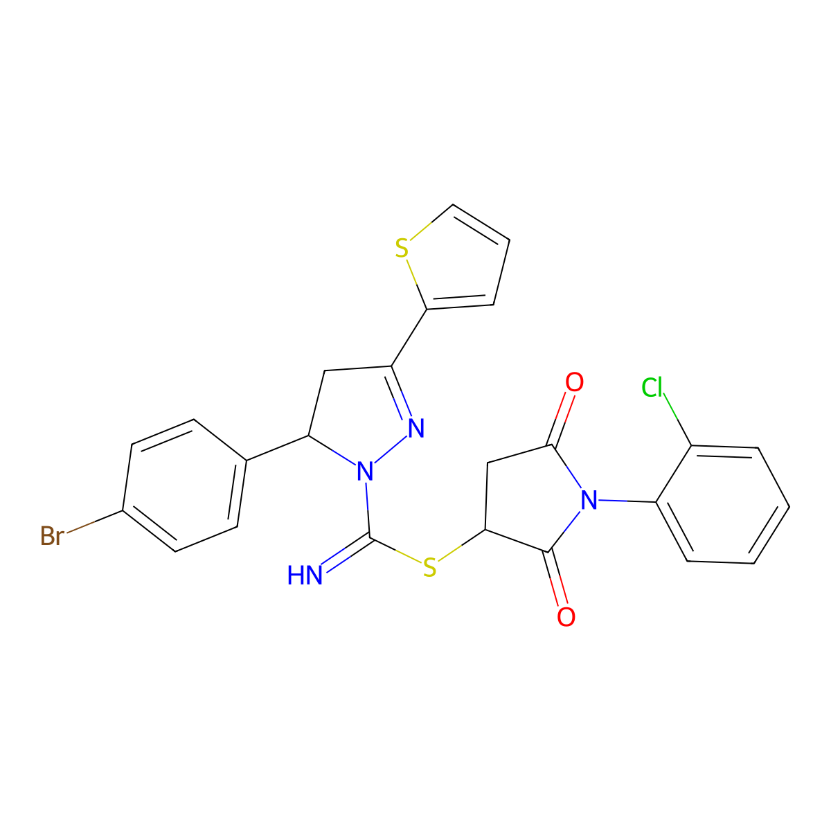 1-(2-chlorophenyl)-2,5-dioxopyrrolidin-3-yl 5-(4-bromophenyl)-3-(thiophen-2-yl)-4,5-dihydro-1H-pyrazole-1-carbimidothioate molecular structure, CAS 296890-86-3