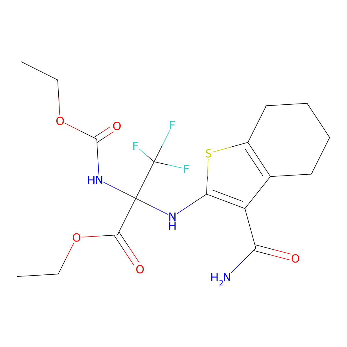 Ethyl 2-[(3-carbamoyl-4,5,6,7-tetrahydro-1-benzothiophen-2-yl)amino]-2-(ethoxycarbonylamino)-3,3,3-trifluoropropanoate molecular structure, CAS 296891-66-2