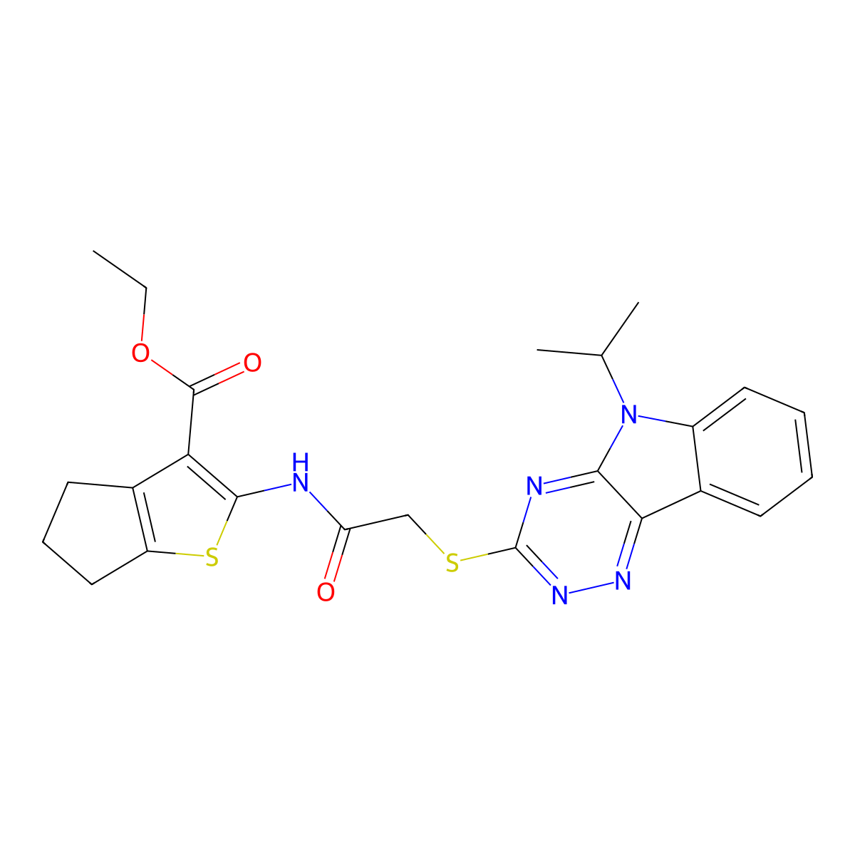 ethyl 2-({[(5-isopropyl-5H-[1,2,4]triazino[5,6-b]indol-3-yl)sulfanyl]acetyl}amino)-5,6-dihydro-4H-cyclopenta[b]thiophene-3-carboxylate molecular structure, CAS 296897-66-0