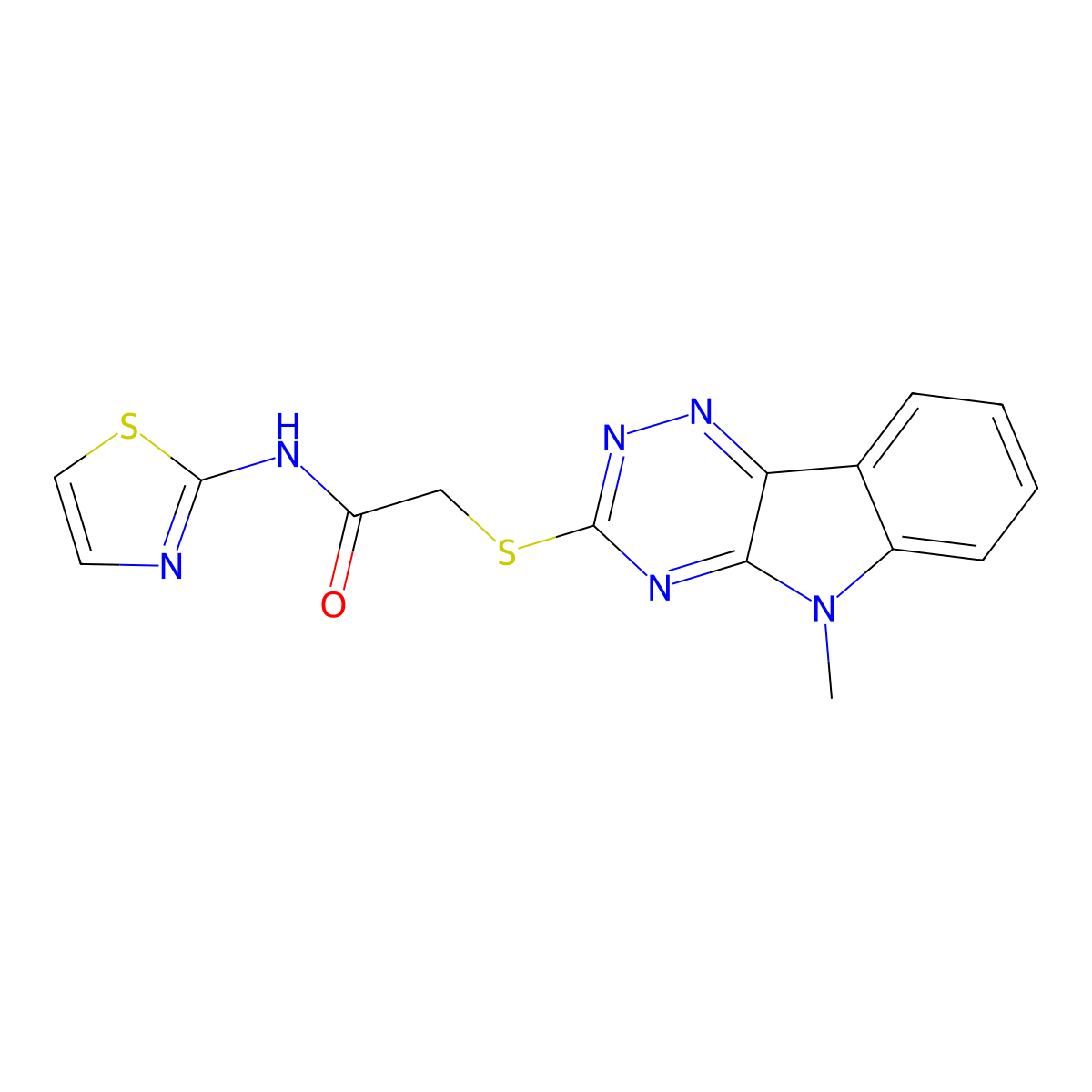 2-[(5-methyl-[1,2,4]triazino[5,6-b]indol-3-yl)sulfanyl]-N-(1,3-thiazol-2-yl)acetamide molecular structure, CAS 296897-72-8