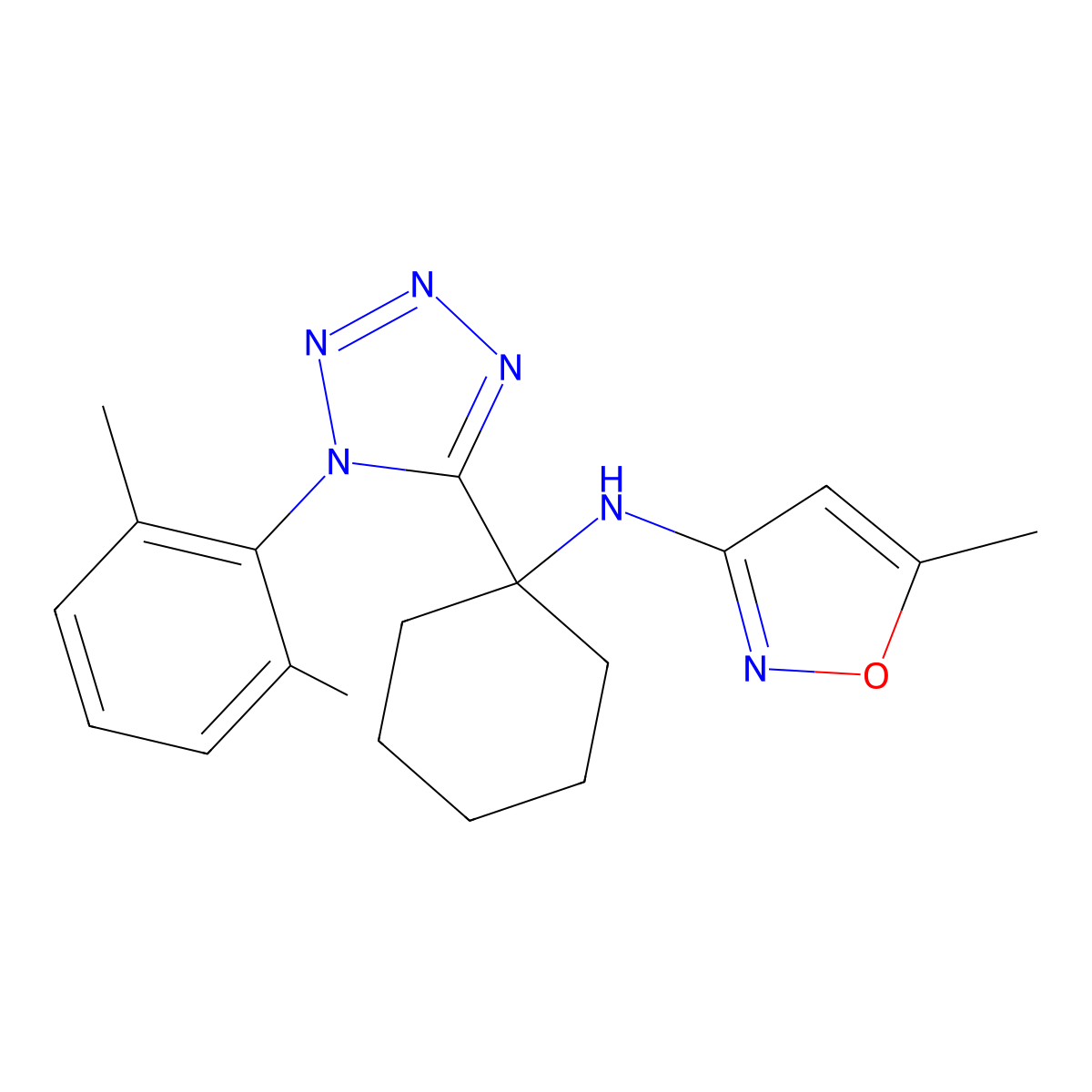 N-{1-[1-(2,6-dimethylphenyl)-1H-1,2,3,4-tetraazol-5-yl]cyclohexyl}-5-methyl-3-isoxazolamine molecular structure, CAS 296898-35-6
