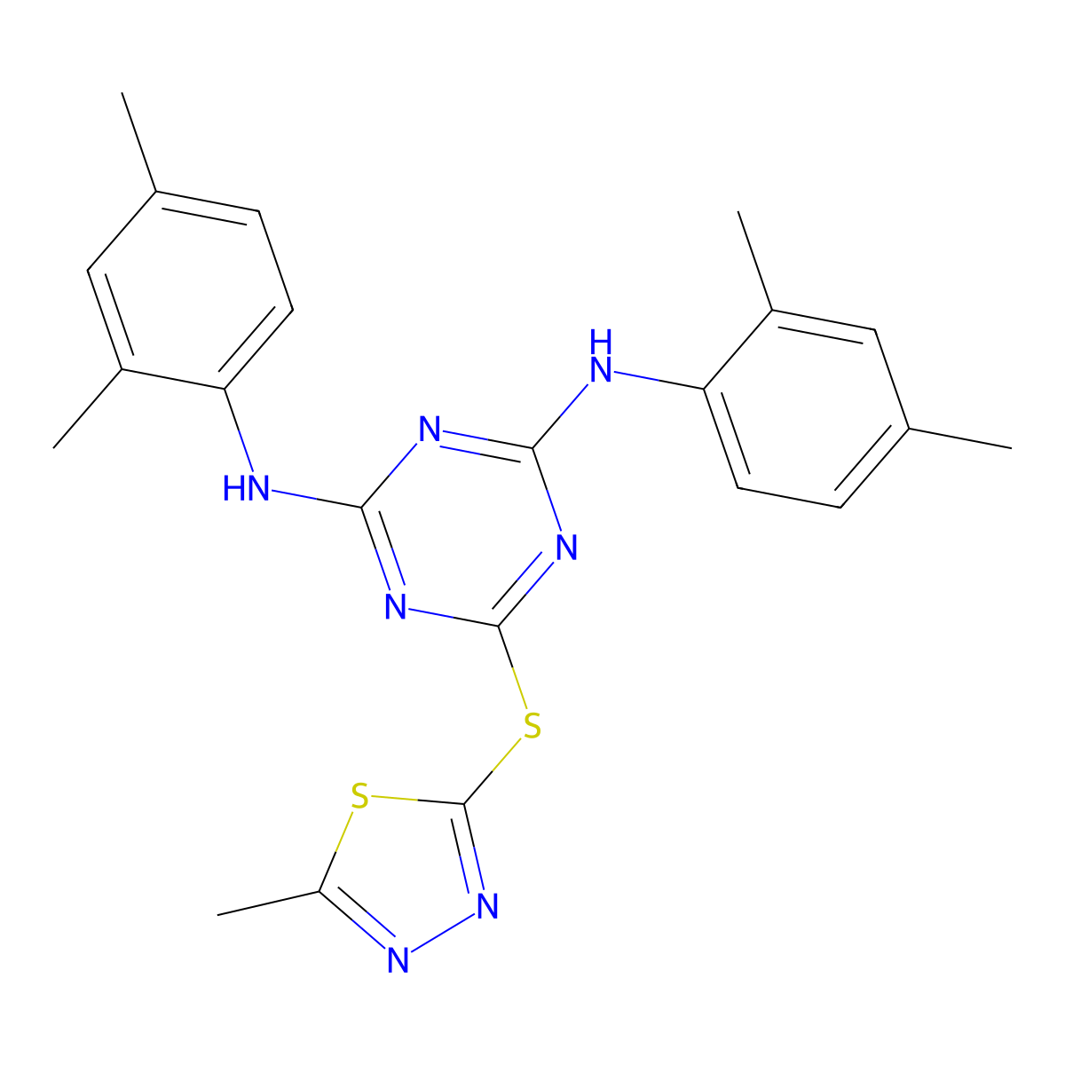 2-N,4-N-bis(2,4-dimethylphenyl)-6-[(5-methyl-1,3,4-thiadiazol-2-yl)sulfanyl]-1,3,5-triazine-2,4-diamine molecular structure, CAS 296900-20-4