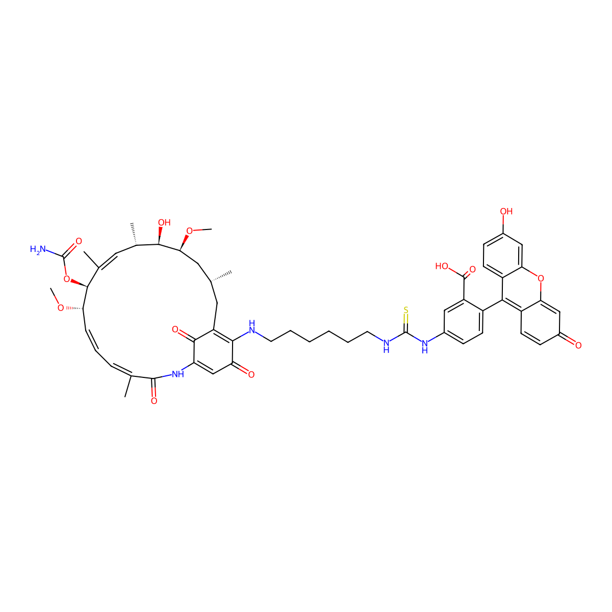 5-[6-[[(8S,9S,12S,13R,14S,16R)-9-carbamoyloxy-13-hydroxy-8,14-dimethoxy-4,10,12,16-tetramethyl-3,20,22-trioxo-2-azabicyclo[16.3.1]docosa-1(21),4,6,10,18-pentaen-19-yl]amino]hexylcarbamothioylamino]-2-(3-hydroxy-6-oxoxanthen-9-yl)benzoic acid molecular structure, CAS 2969156-01-0