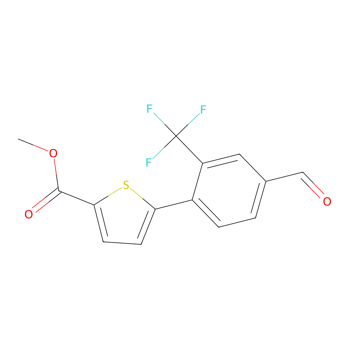 Methyl 5-(4-formyl-2-(trifluoromethyl)phenyl)thiophene-2-carboxylate molecular structure, CAS 2969317-62-0