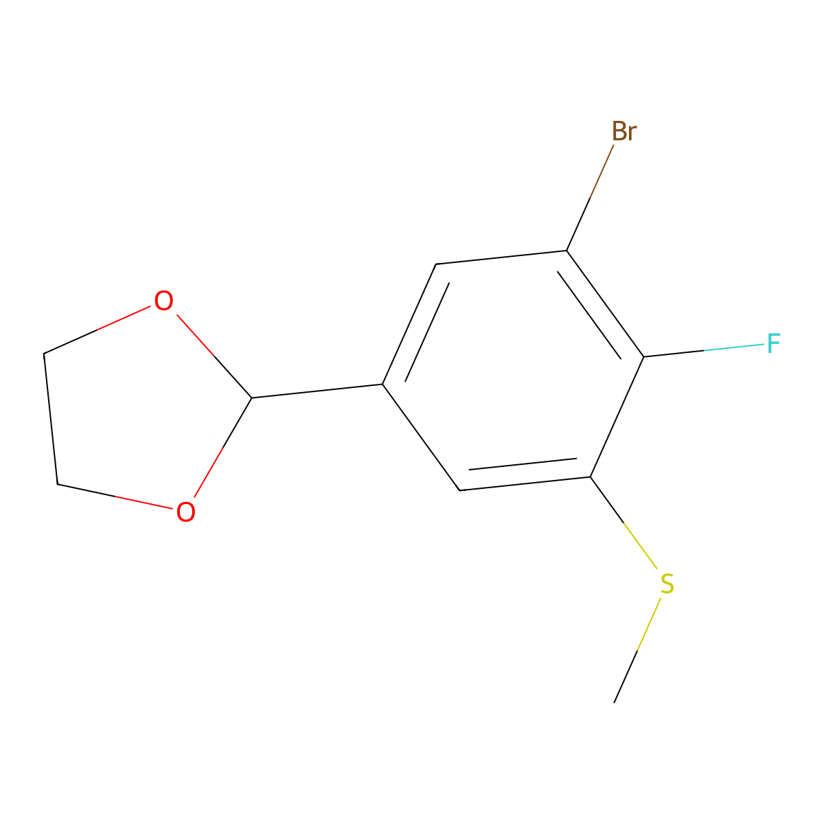 2-(3-Bromo-4-fluoro-5-(methylthio)phenyl)-1,3-dioxolane molecular structure, CAS 2969387-00-4