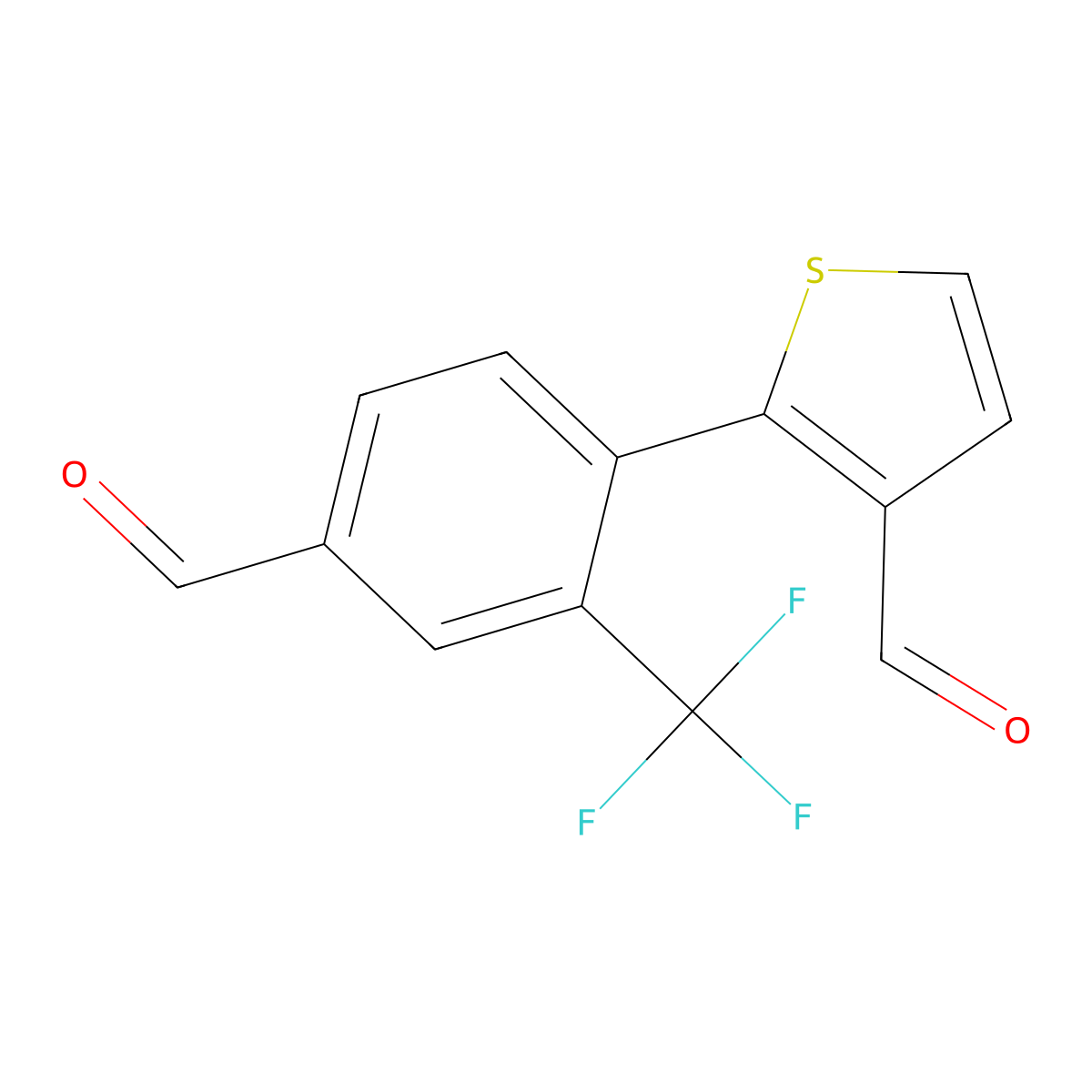 2-(4-Formyl-2-(trifluoromethyl)phenyl)thiophene-3-carbaldehyde molecular structure, CAS 2969452-31-9