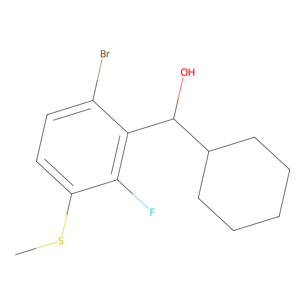 (6-Bromo-2-fluoro-3-(methylthio)phenyl)(cyclohexyl)methanol molecular structure, CAS 2969467-24-9