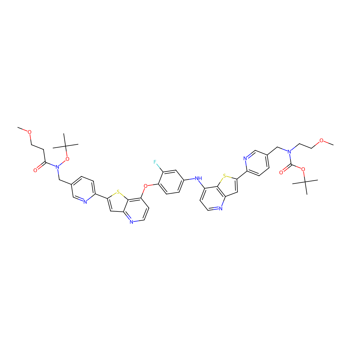 (tert-Butoxy)-N-[[6-[7-[[4-[2-[5-[[(tert-butoxy)-N-(2-methoxyethyl)carbonylamino]methyl](2-pyridyl)]thieno[3,2-b]pyridin-7-yloxy]-3-fluorophenyl]amino]thieno[4,5-b]pyridin-2-yl](3-pyridyl)]methyl]-N-(2-methoxyethyl)carboxamide molecular structure, CAS 2970122-05-3