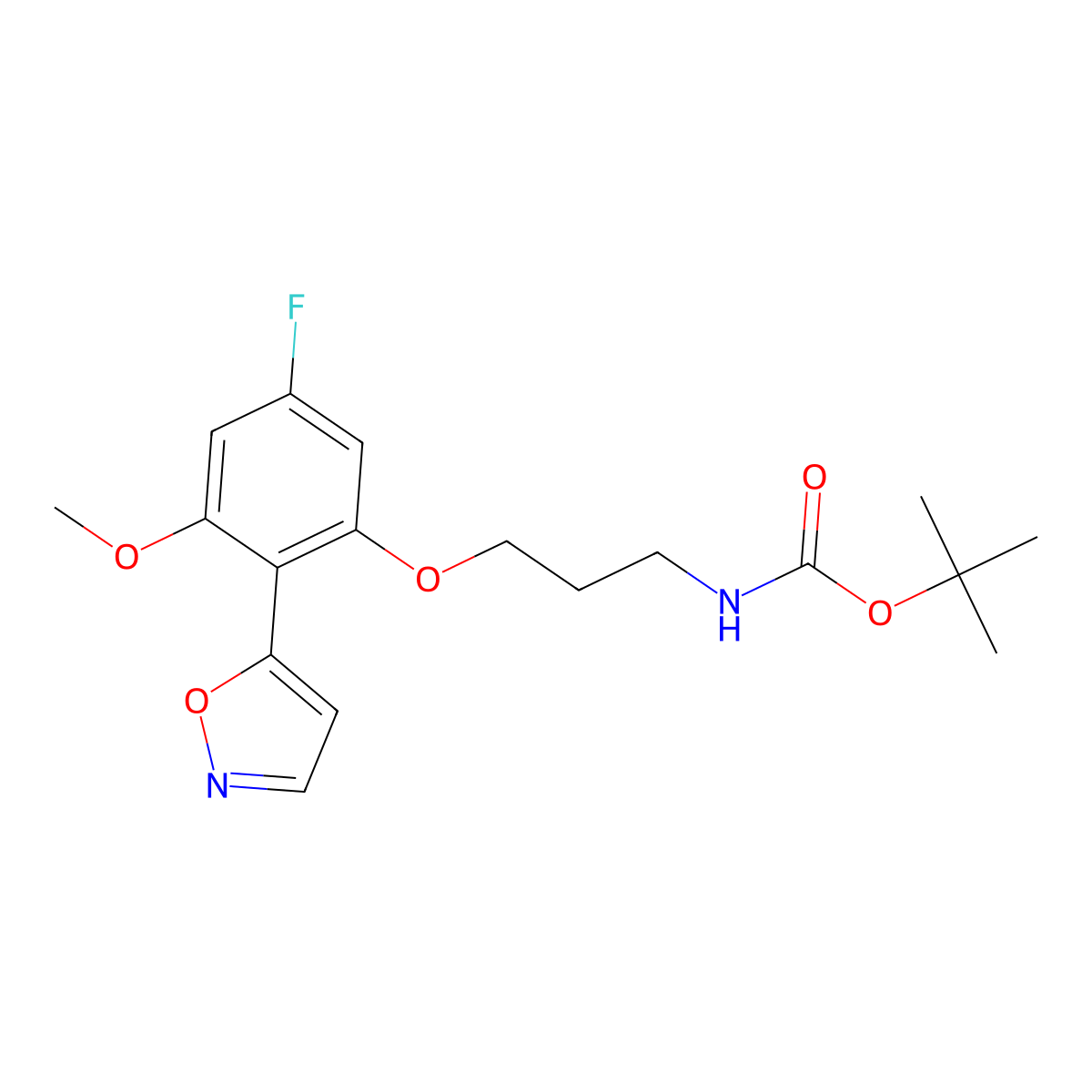 Tert-butyl (3-(5-fluoro-2-(isoxazol-5-yl)-3-methoxyphenoxy)propyl)carbamate molecular structure, CAS 2971350-97-5