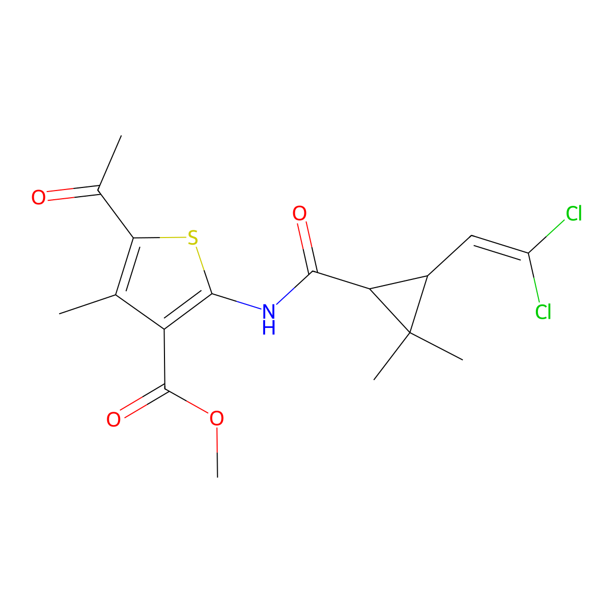 Methyl 5-acetyl-2-({[3-(2,2-dichloroethenyl)-2,2-dimethylcyclopropyl]carbonyl}amino)-4-methylthiophene-3-carboxylate molecular structure, CAS 297146-30-6