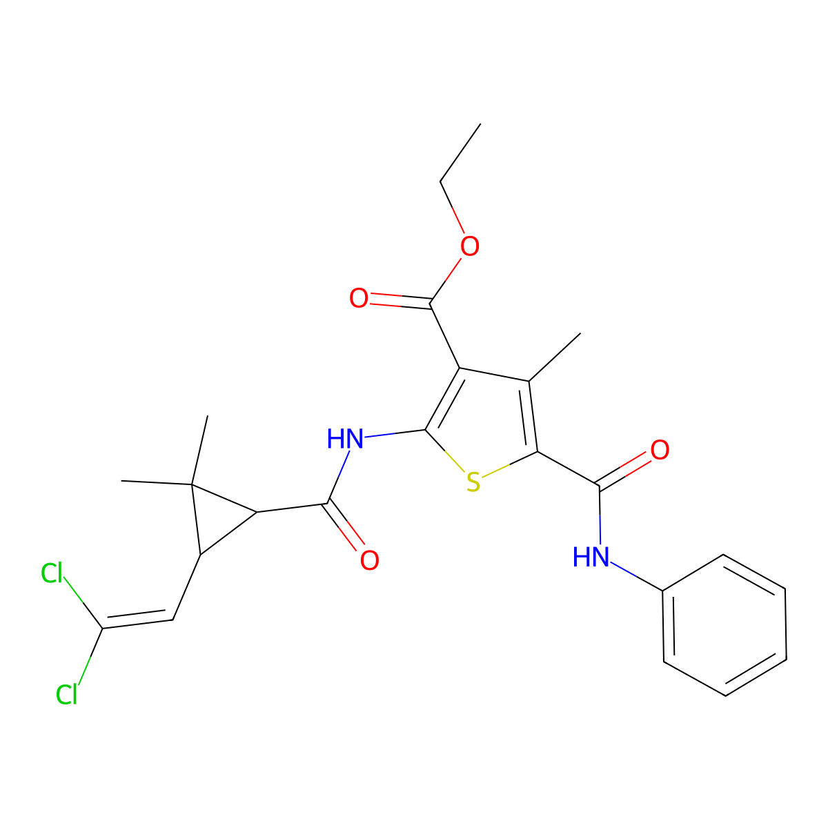 Ethyl 2-({[3-(2,2-dichloroethenyl)-2,2-dimethylcyclopropyl]carbonyl}amino)-4-methyl-5-(phenylcarbamoyl)thiophene-3-carboxylate molecular structure, CAS 297146-31-7