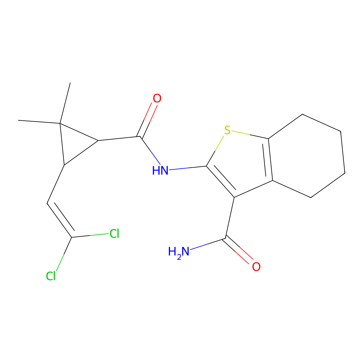 2-({[3-(2,2-Dichloroethenyl)-2,2-dimethylcyclopropyl]carbonyl}amino)-4,5,6,7-tetrahydro-1-benzothiophene-3-carboxamide molecular structure, CAS 297146-34-0