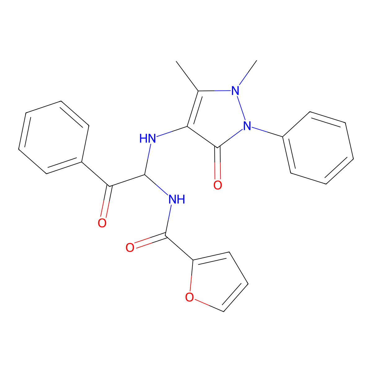 N-{1-[(1,5-dimethyl-3-oxo-2-phenyl-2,3-dihydro-1H-pyrazol-4-yl)amino]-2-oxo-2-phenylethyl}furan-2-carboxamide molecular structure, CAS 297146-85-1