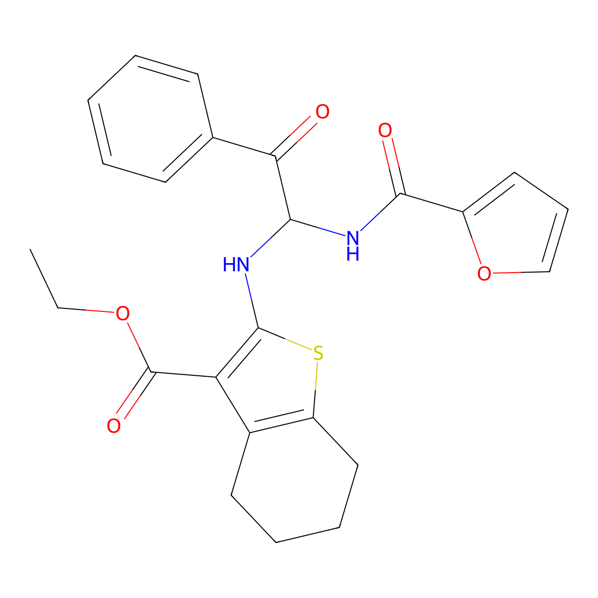 Ethyl 2-[[1-(furan-2-carbonylamino)-2-oxo-2-phenylethyl]amino]-4,5,6,7-tetrahydro-1-benzothiophene-3-carboxylate molecular structure, CAS 297147-86-5