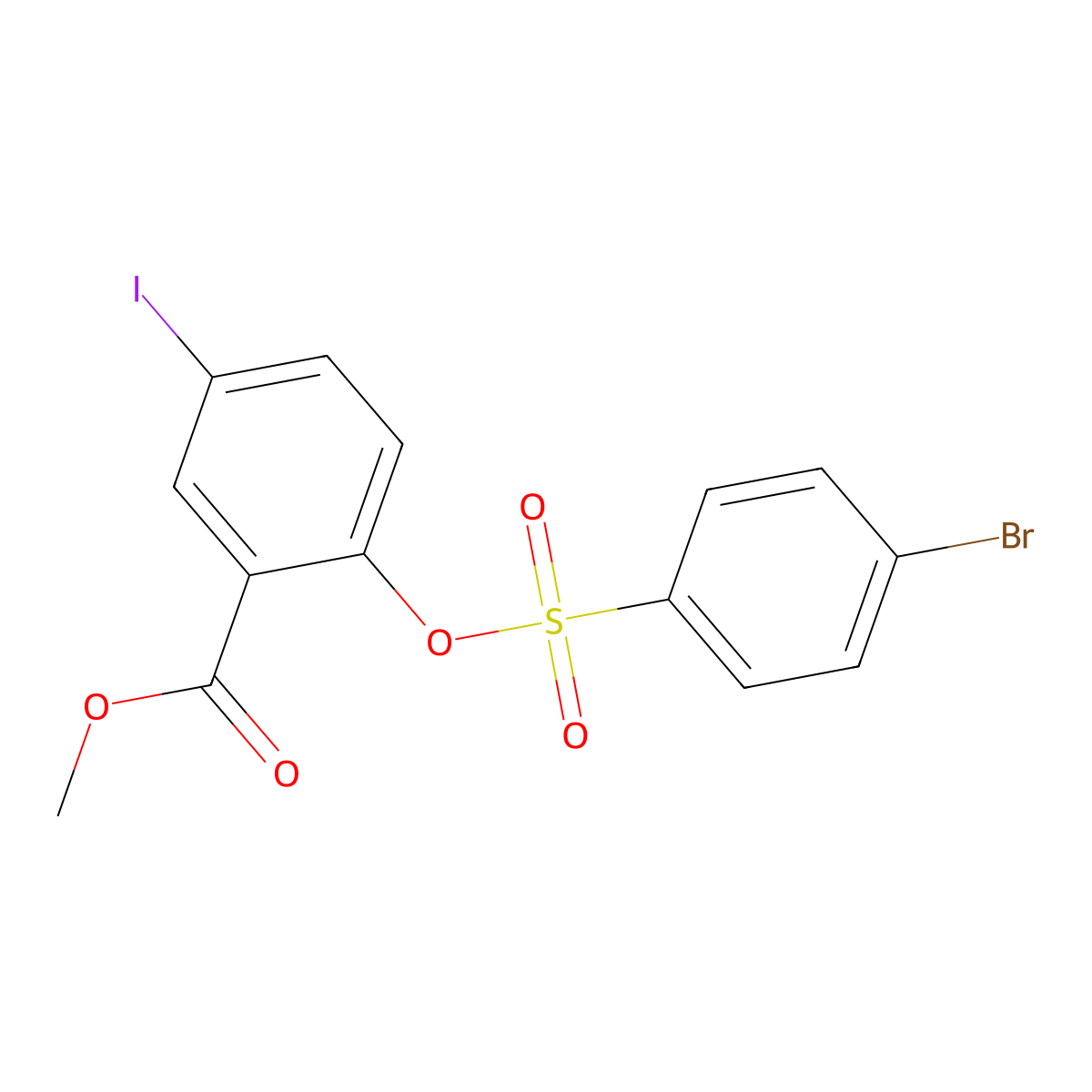 Methyl 2-(((4-bromophenyl)sulfonyl)oxy)-5-iodobenzenecarboxylate molecular structure, CAS 297150-09-5