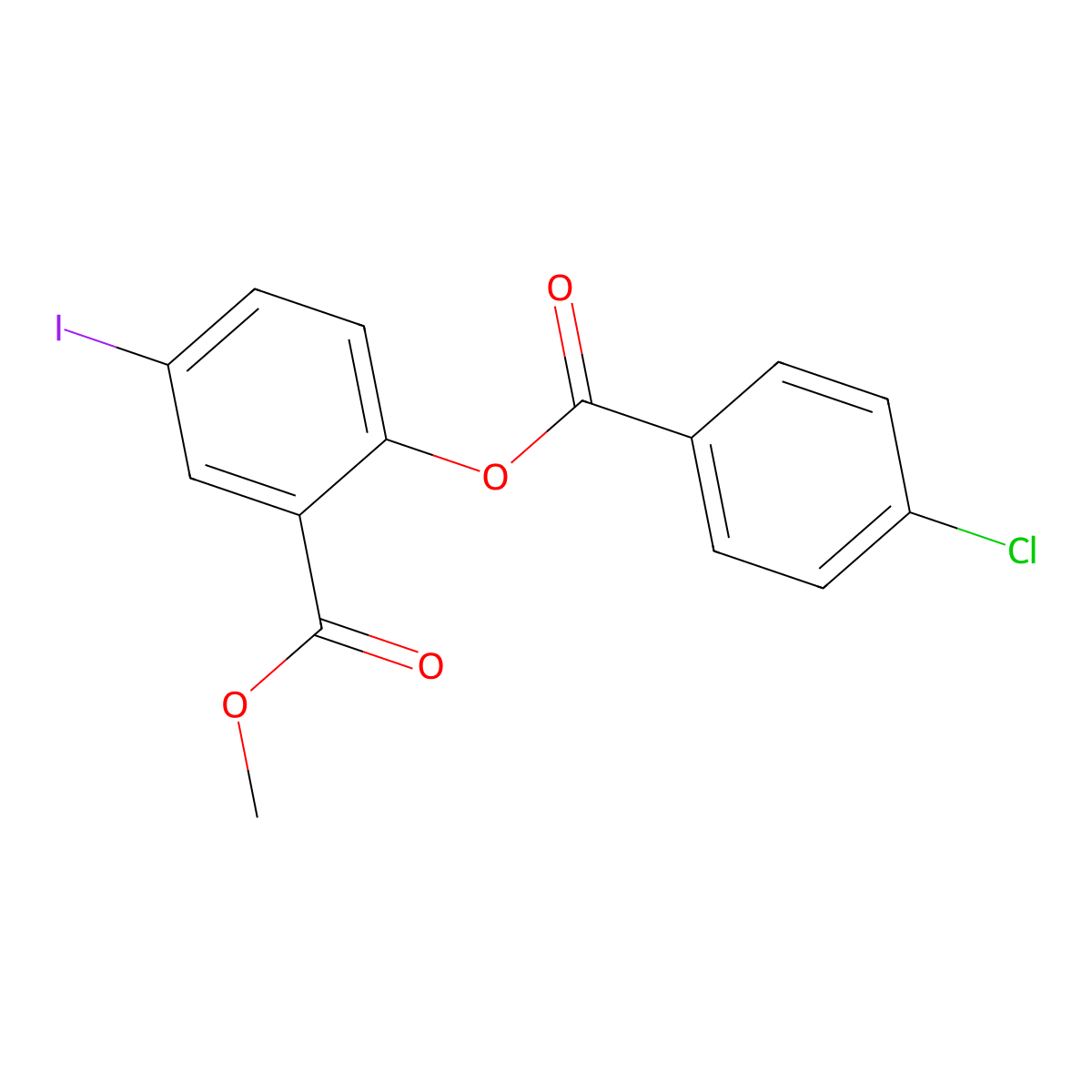 Methyl 2-((4-chlorobenzoyl)oxy)-5-iodobenzenecarboxylate molecular structure, CAS 297150-26-6