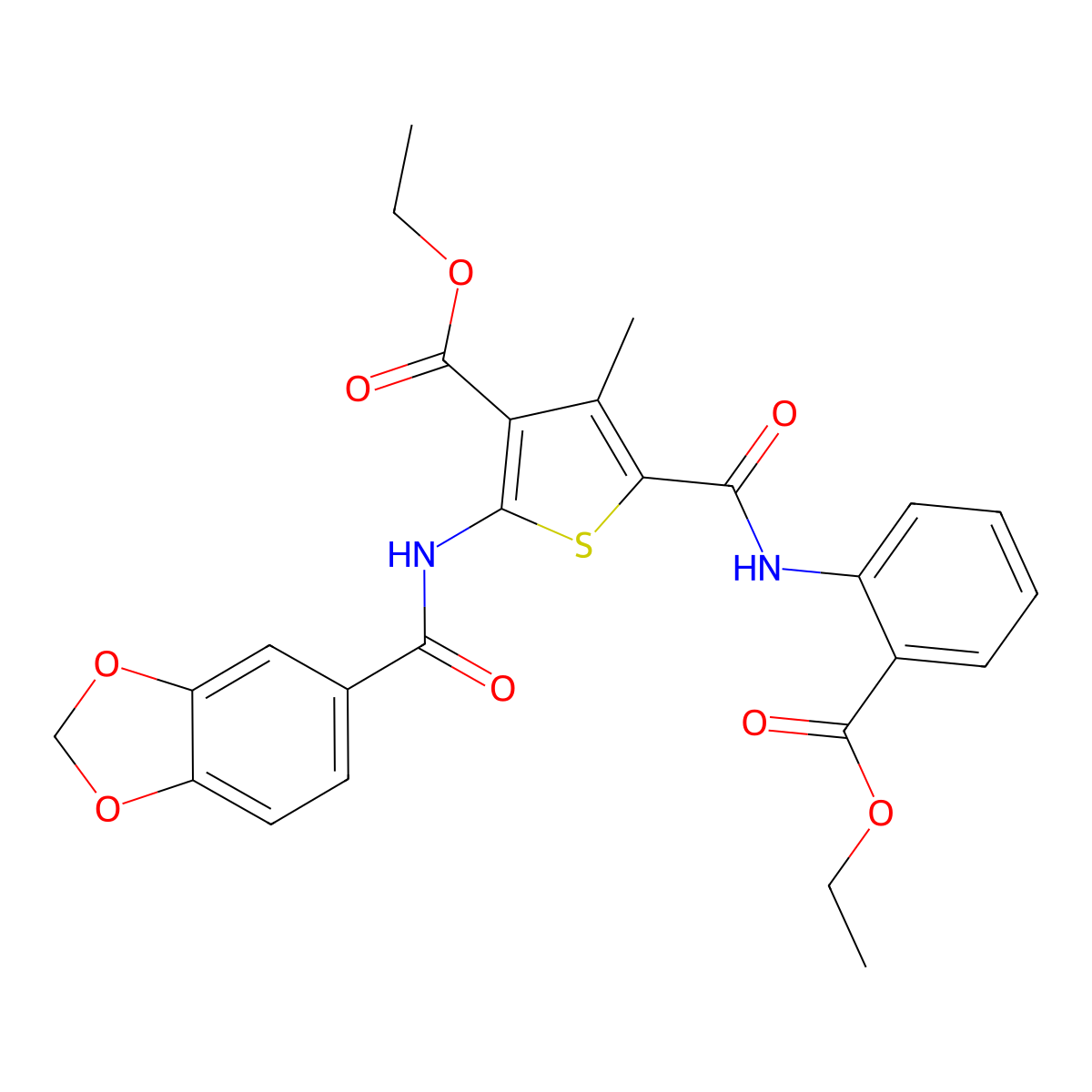 Ethyl 2-(2H-1,3-benzodioxole-5-amido)-5-{[2-(ethoxycarbonyl)phenyl]carbamoyl}-4-methylthiophene-3-carboxylate molecular structure, CAS 297157-52-9