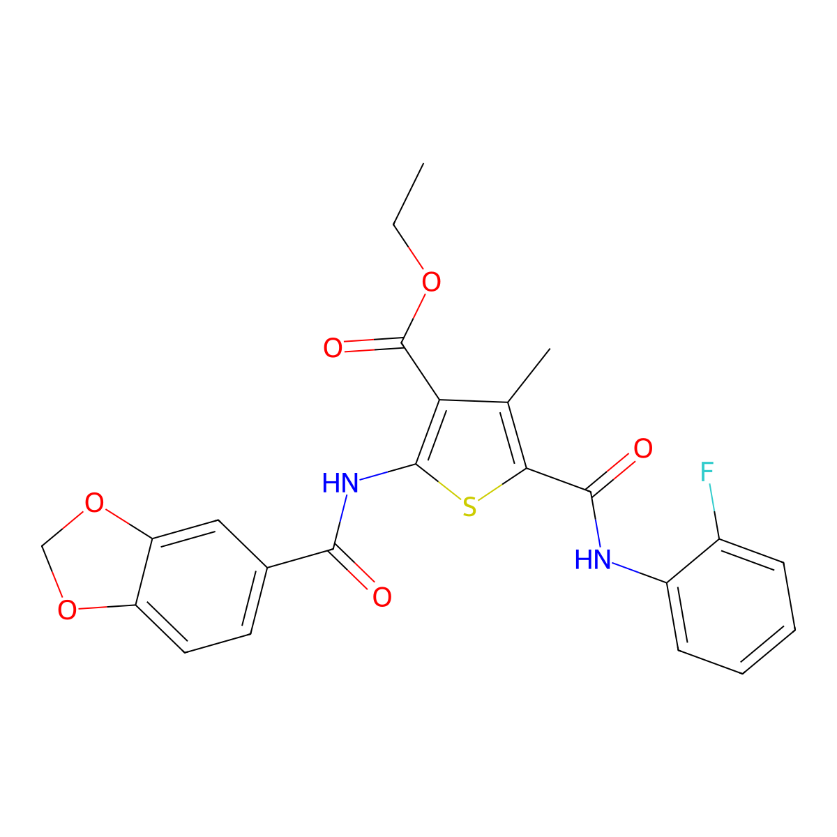Ethyl 2-[(1,3-benzodioxol-5-ylcarbonyl)amino]-5-[(2-fluorophenyl)carbamoyl]-4-methylthiophene-3-carboxylate molecular structure, CAS 297157-57-4