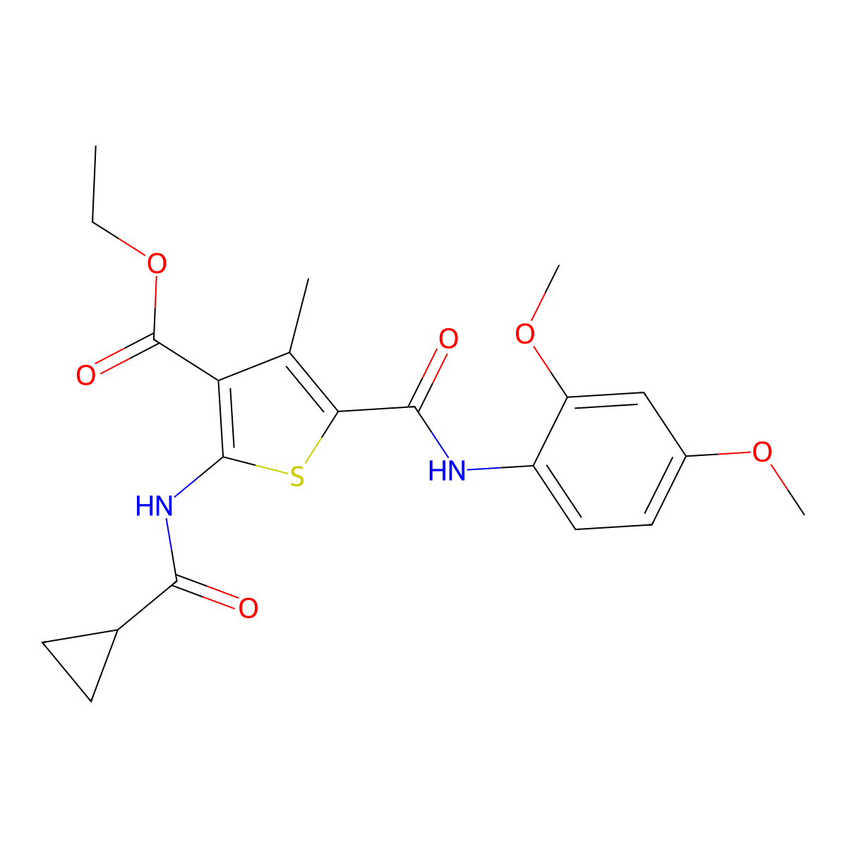 Ethyl 2-cyclopropaneamido-5-[(2,4-dimethoxyphenyl)carbamoyl]-4-methylthiophene-3-carboxylate molecular structure, CAS 297157-62-1