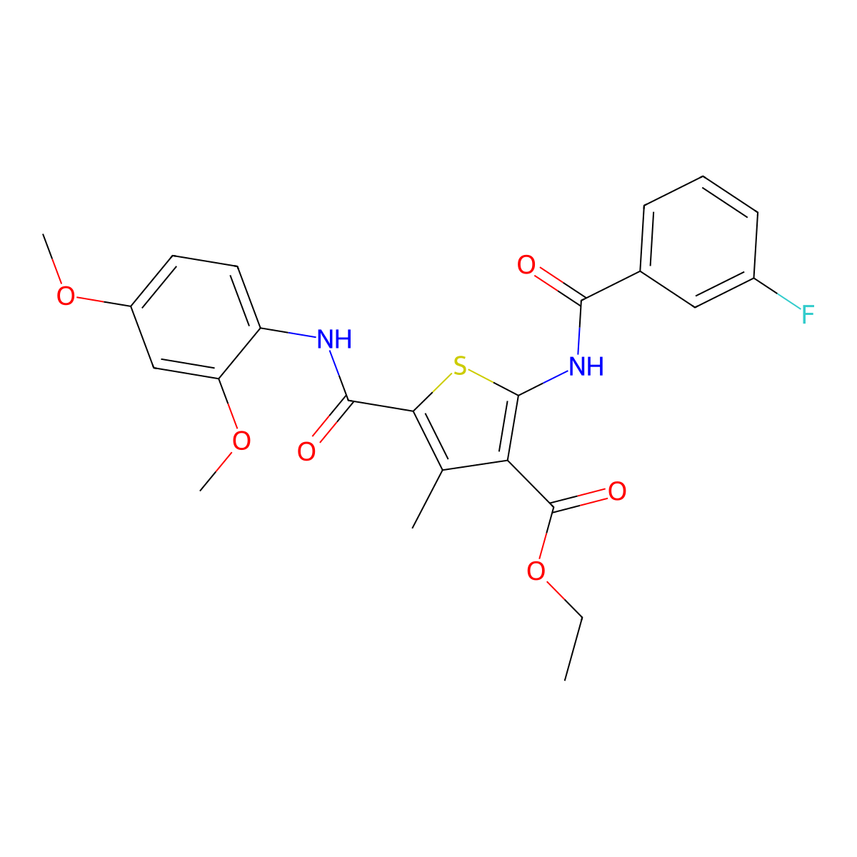 Ethyl 5-[(2,4-dimethoxyphenyl)carbamoyl]-2-(3-fluorobenzamido)-4-methylthiophene-3-carboxylate molecular structure, CAS 297157-70-1