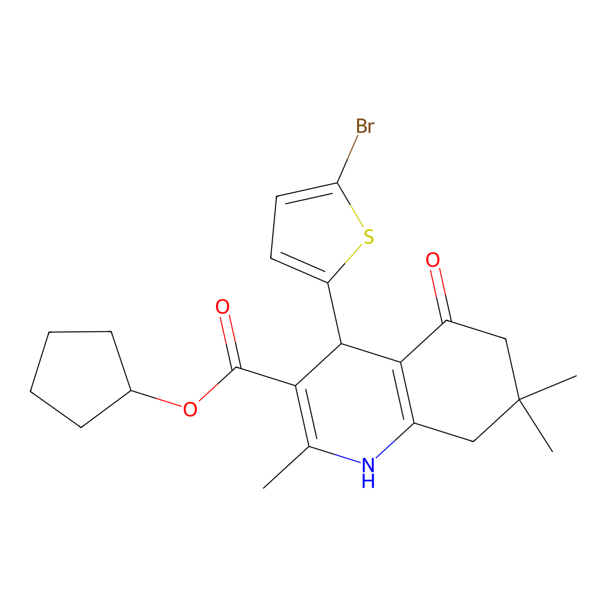 Cyclopentyl 4-(5-bromothiophen-2-yl)-2,7,7-trimethyl-5-oxo-1,4,5,6,7,8-hexahydroquinoline-3-carboxylate molecular structure, CAS 297157-78-9