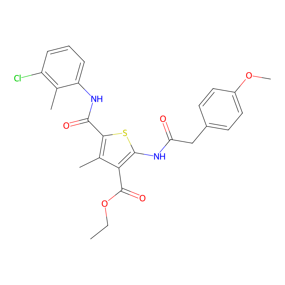 Ethyl 5-[(3-chloro-2-methylphenyl)carbamoyl]-2-[2-(4-methoxyphenyl)acetamido]-4-methylthiophene-3-carboxylate molecular structure, CAS 297158-01-1