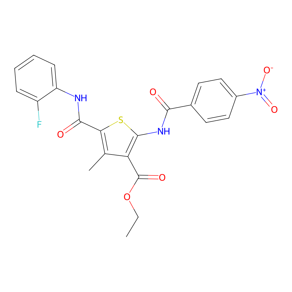 Ethyl 5-[(2-fluorophenyl)carbamoyl]-4-methyl-2-{[(4-nitrophenyl)carbonyl]amino}thiophene-3-carboxylate molecular structure, CAS 297158-08-8