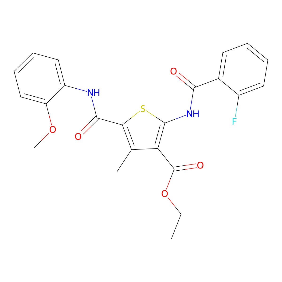 Ethyl 2-{[(2-fluorophenyl)carbonyl]amino}-5-[(2-methoxyphenyl)carbamoyl]-4-methylthiophene-3-carboxylate molecular structure, CAS 297158-17-9