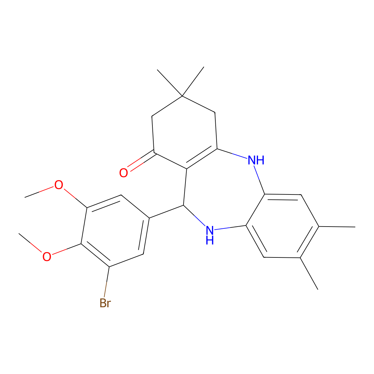 6-(3-bromo-4,5-dimethoxyphenyl)-2,3,9,9-tetramethyl-6,8,10,11-tetrahydro-5H-benzo[b][1,4]benzodiazepin-7-one molecular structure, CAS 297158-90-8