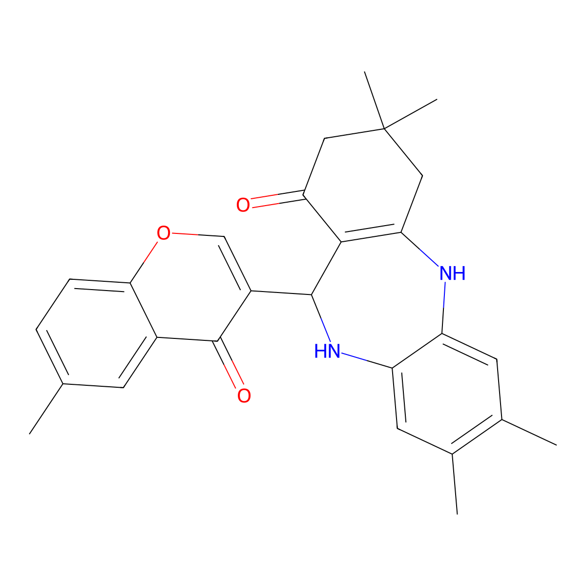 2,3,9,9-tetramethyl-6-(6-methyl-4-oxochromen-3-yl)-6,8,10,11-tetrahydro-5H-benzo[b][1,4]benzodiazepin-7-one molecular structure, CAS 297158-97-5