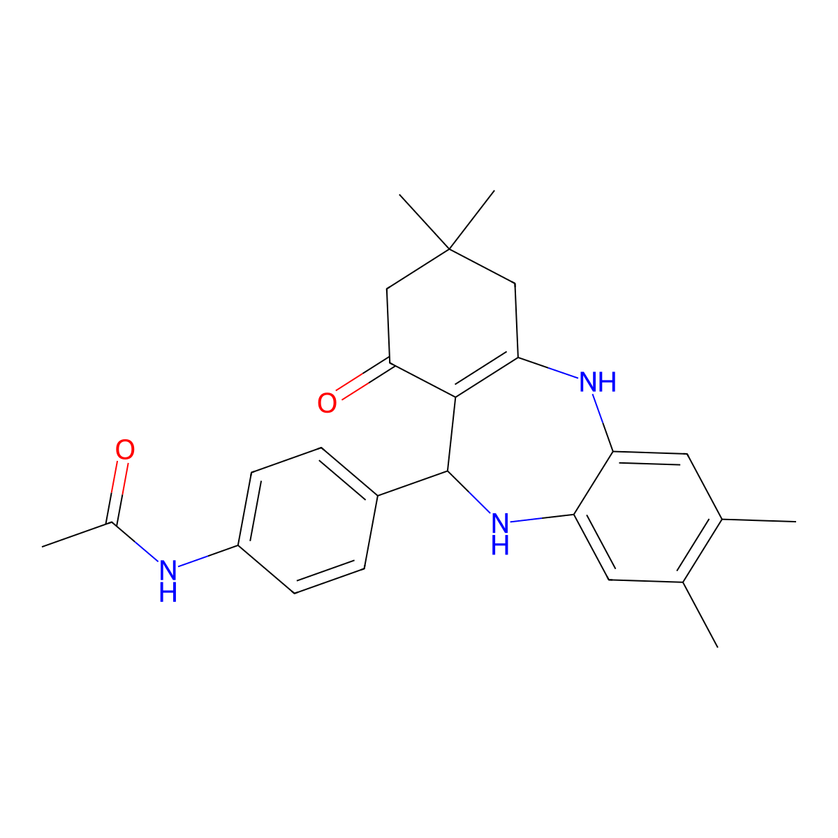 N-[4-(2,3,9,9-tetramethyl-7-oxo-6,8,10,11-tetrahydro-5H-benzo[b][1,4]benzodiazepin-6-yl)phenyl]acetamide molecular structure, CAS 297158-98-6