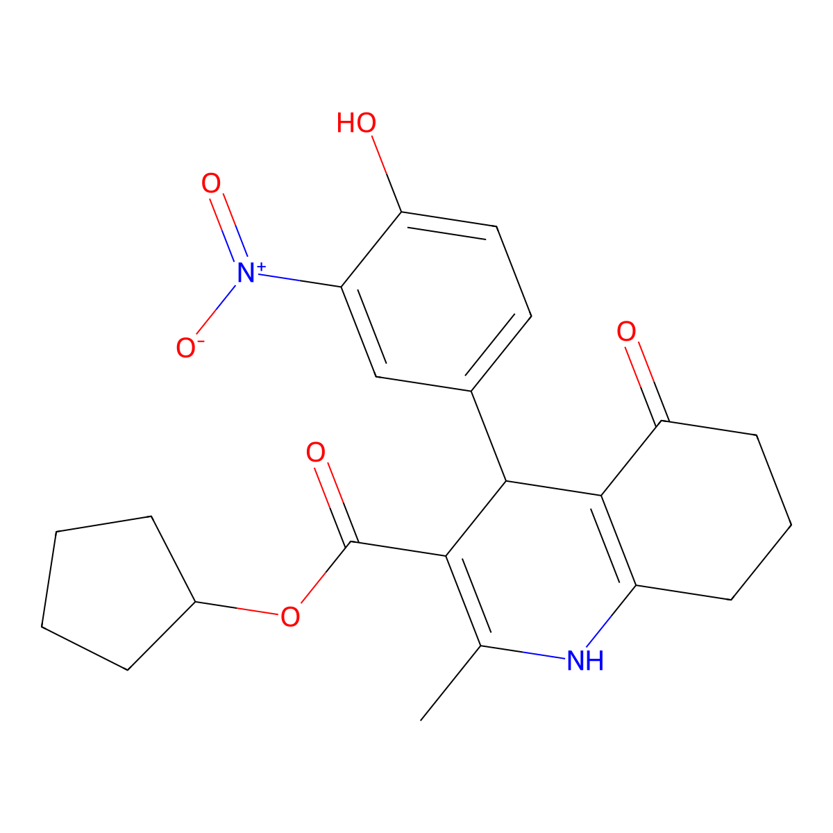 Cyclopentyl 4-(4-hydroxy-3-nitrophenyl)-2-methyl-5-oxo-1,4,5,6,7,8-hexahydroquinoline-3-carboxylate molecular structure, CAS 297159-11-6